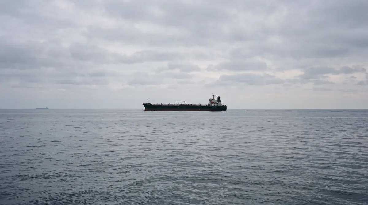 Frachtschiff auf ruhiger See unter bedecktem Himmel, im Hintergrund ein weiteres Schiff am Horizont