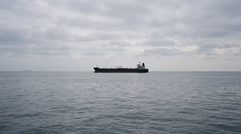 Frachtschiff auf ruhiger See unter bedecktem Himmel, im Hintergrund ein weiteres Schiff am Horizont