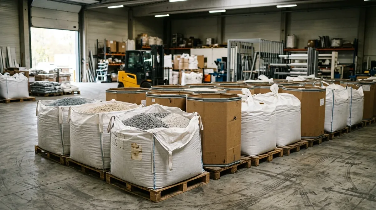 Big Bags und Oktabins mit Kunststoffgranulat auf Paletten im Rohstofflager eines Verarbeiters, im Hintergrund ein Gabelstapler