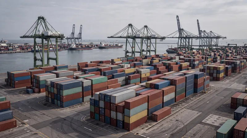 Containerterminal mit gestapelten Containern und Verladekränen an einem Hafenbecken