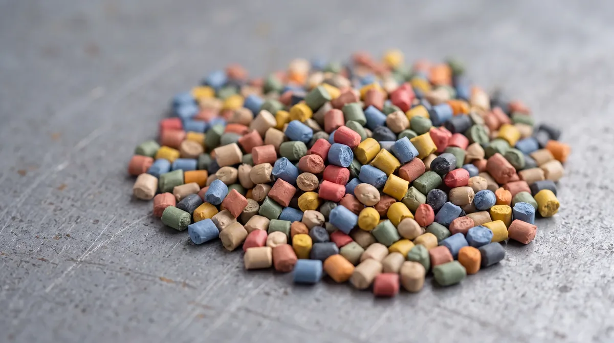 Bunte Kunststoffgranulat-Pellets in verschiedenen Farben, lose aufgehäuft auf einer Metallfläche