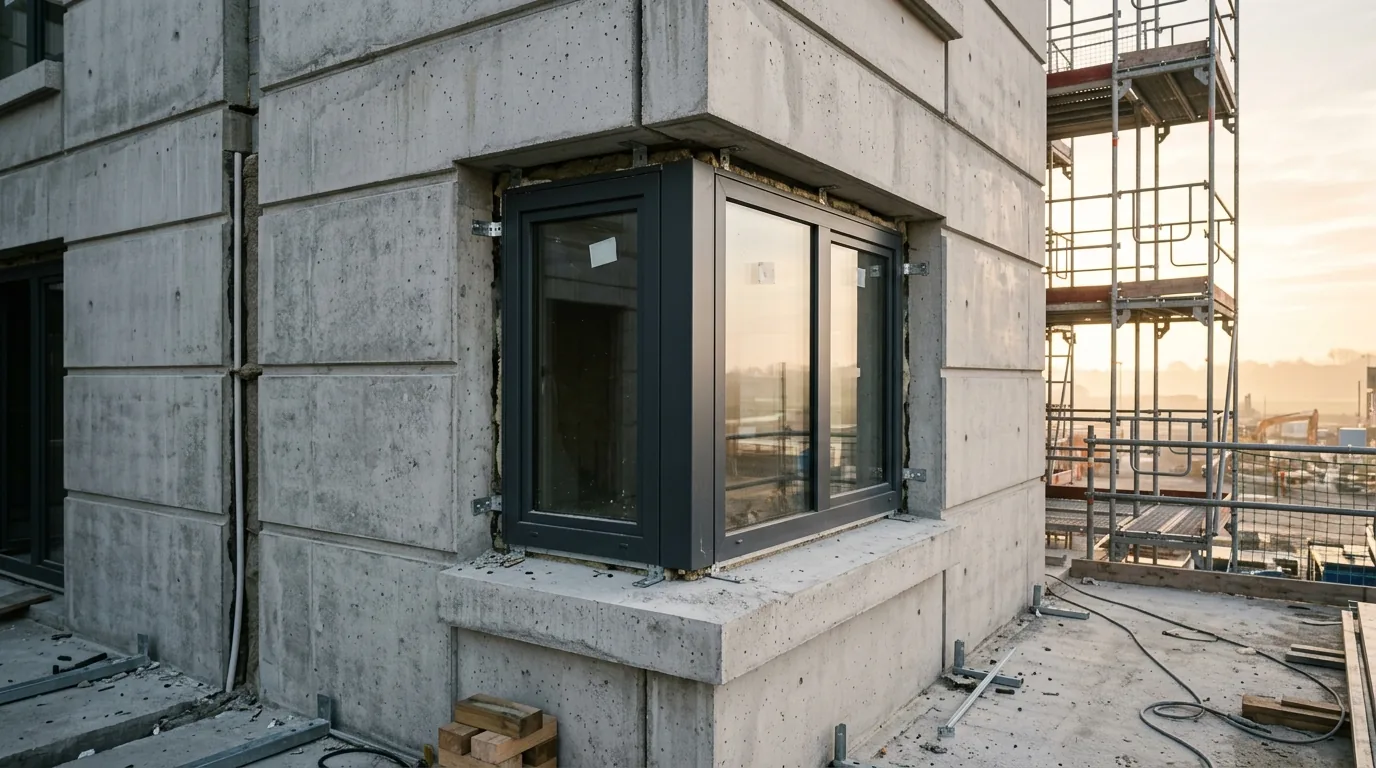 Neubau mit frisch eingebauten Fenstern und offenen Anschlussfugen