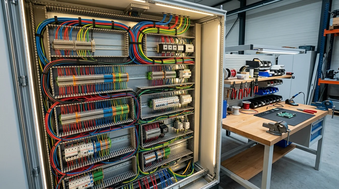 Offener Schaltschrank mit Kabelkanälen, farbigen Leitungen und LED-Beleuchtung