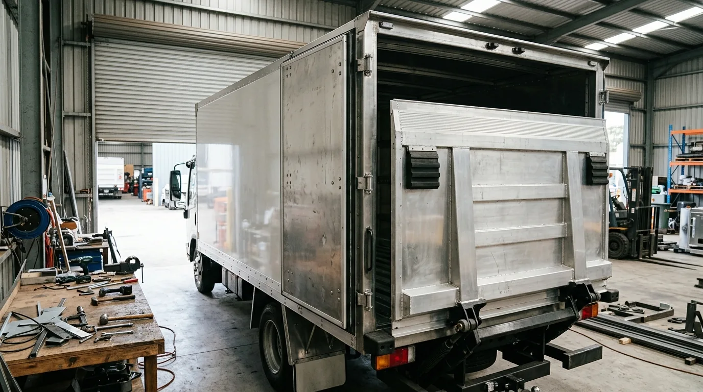 Kofferaufbau eines Nutzfahrzeugs in der Werkstatt mit Ladebordwand
