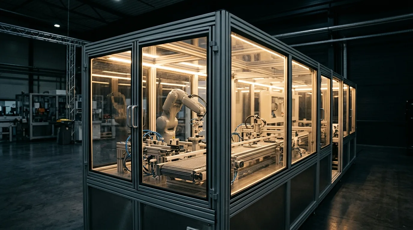 Automatisierte Produktionsmaschine mit Schutzverkleidung aus Aluminiumprofilen