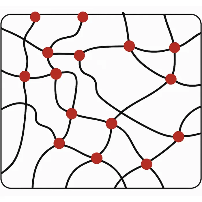 Schematische Darstellung vernetzter Molekülketten eines Elastomers mit rot markierten Vernetzungspunkten