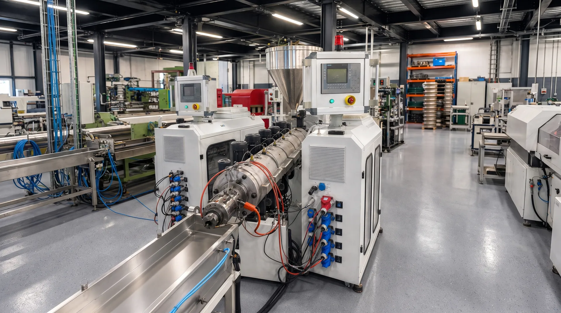 Extruder mit Materialtrichter und Steuerung in der Fertigungshalle der AS Kunststoffprofile GmbH