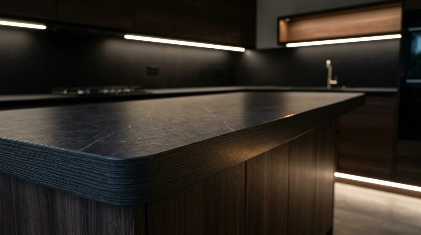 Moderne Kücheninsel mit Steinoptik-Platte und dunkler Holzdekor-Kante bei LED-Licht