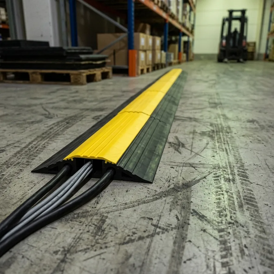Kabelbrücke auf dem Betonboden einer Lagerhalle, Kabel laufen durch die Kanäle, im Hintergrund Paletten und ein Stapler