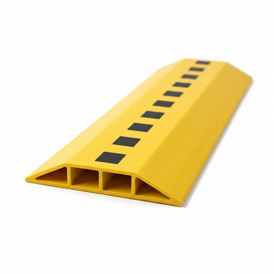 Gelbe Kabelbrücke aus Weich-PVC mit schwarzen Warnquadraten, Schnittbild mit zwei Rechteckkammern und hohlen Rampen