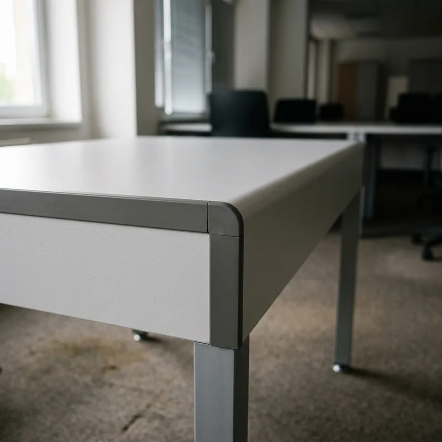Bürotisch mit hellgrauer Platte und anthrazitfarbener ABS-Kante