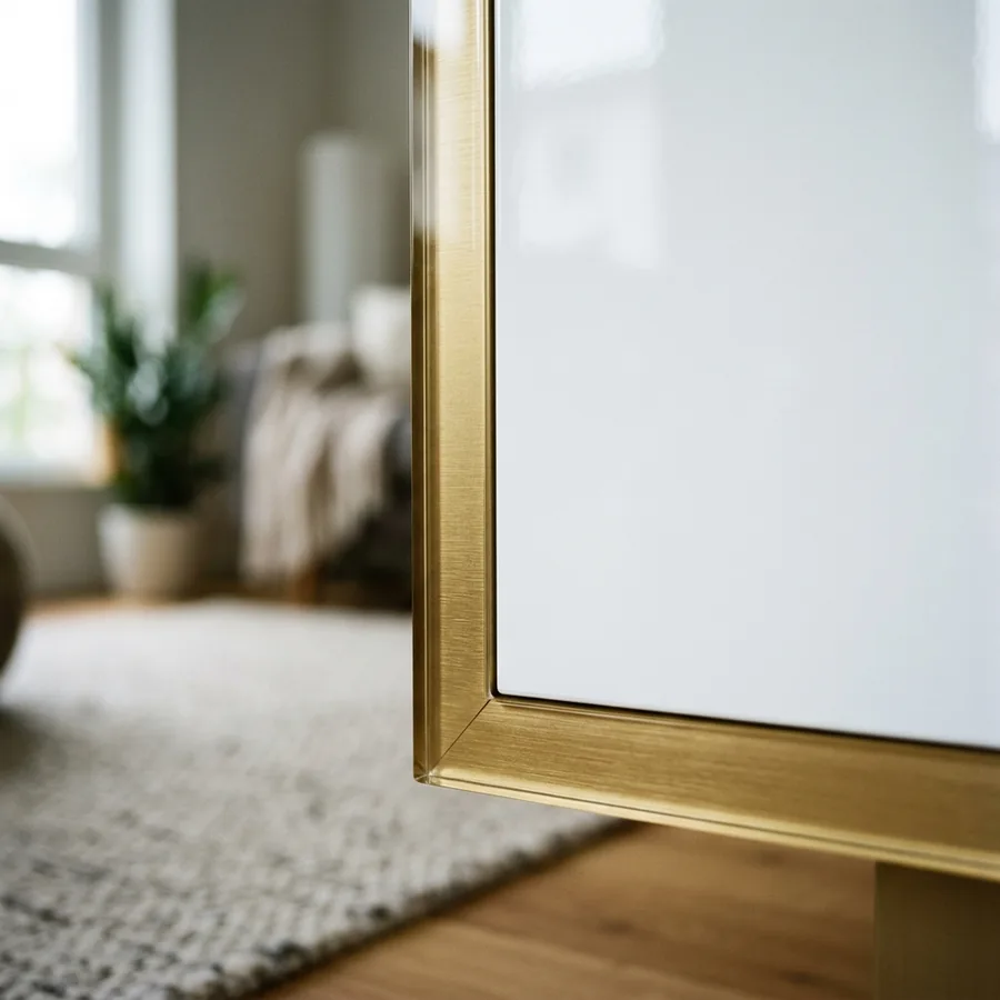 Weißes Hochglanz-Sideboard mit goldener Acrylkante