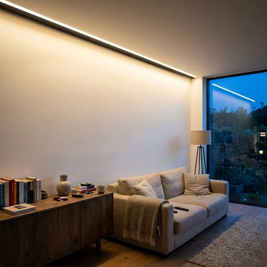 Wohnzimmer am Abend mit durchgehender Lichtlinie in der Schattenfuge zwischen Wand und Decke