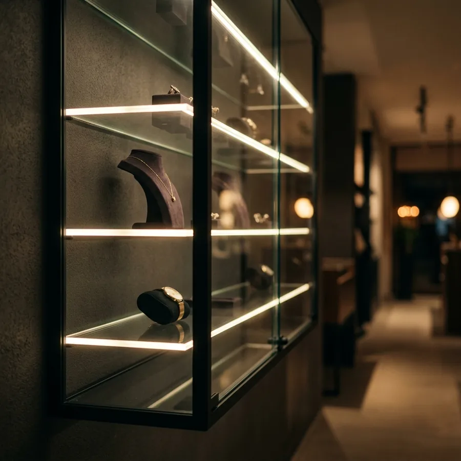 Wandvitrine in einem Schmuckgeschäft mit kantenbeleuchteten Glasböden, Lichtlinie bündig in der Glaskante