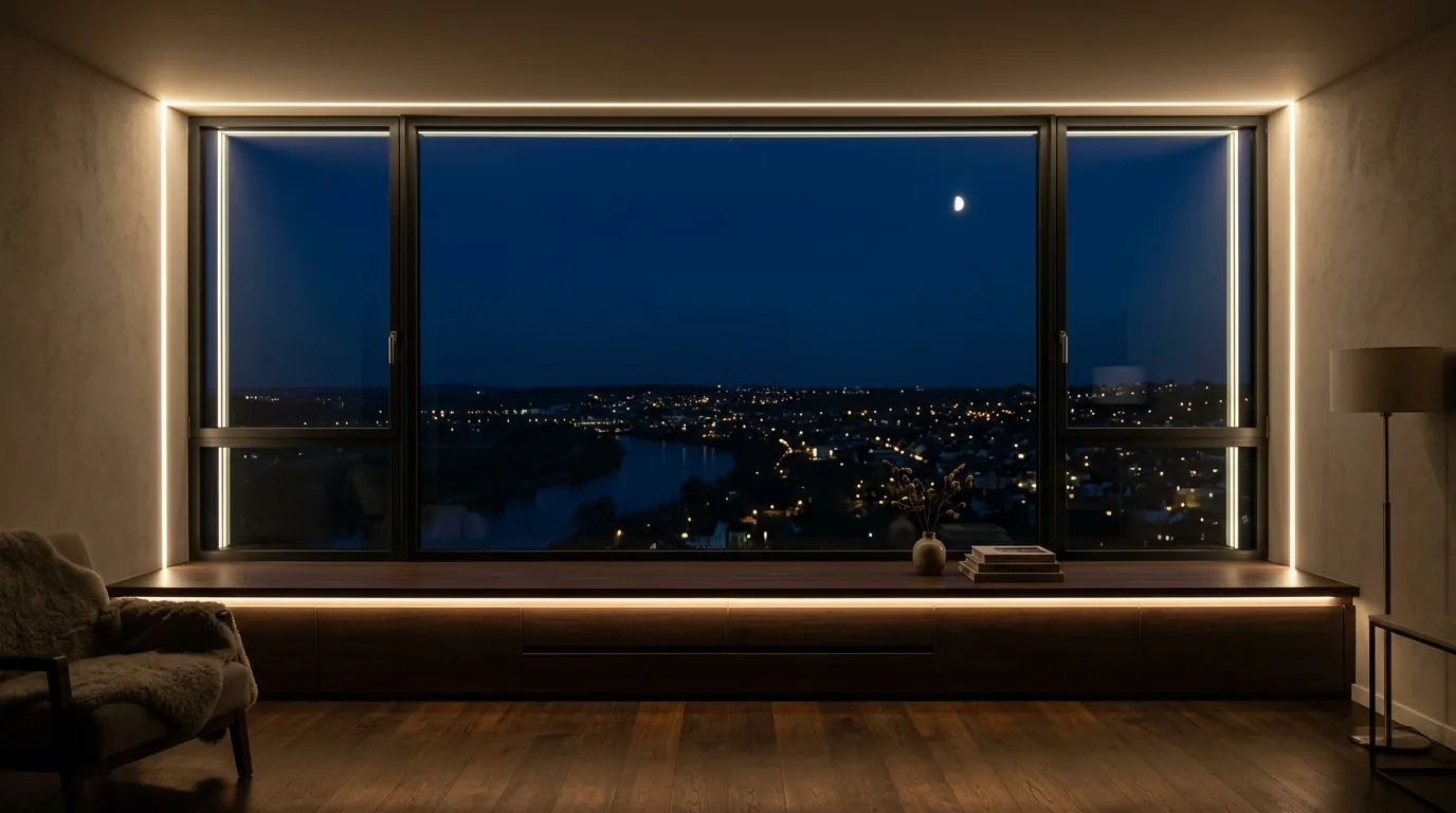 Fenster von innen mit Lichtlinie im Rahmen, Raum im Halbdunkel