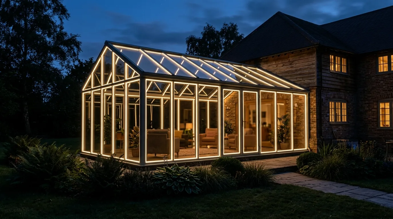 Wintergarten in der Dämmerung, die Rahmenprofile mit Lichtlinien