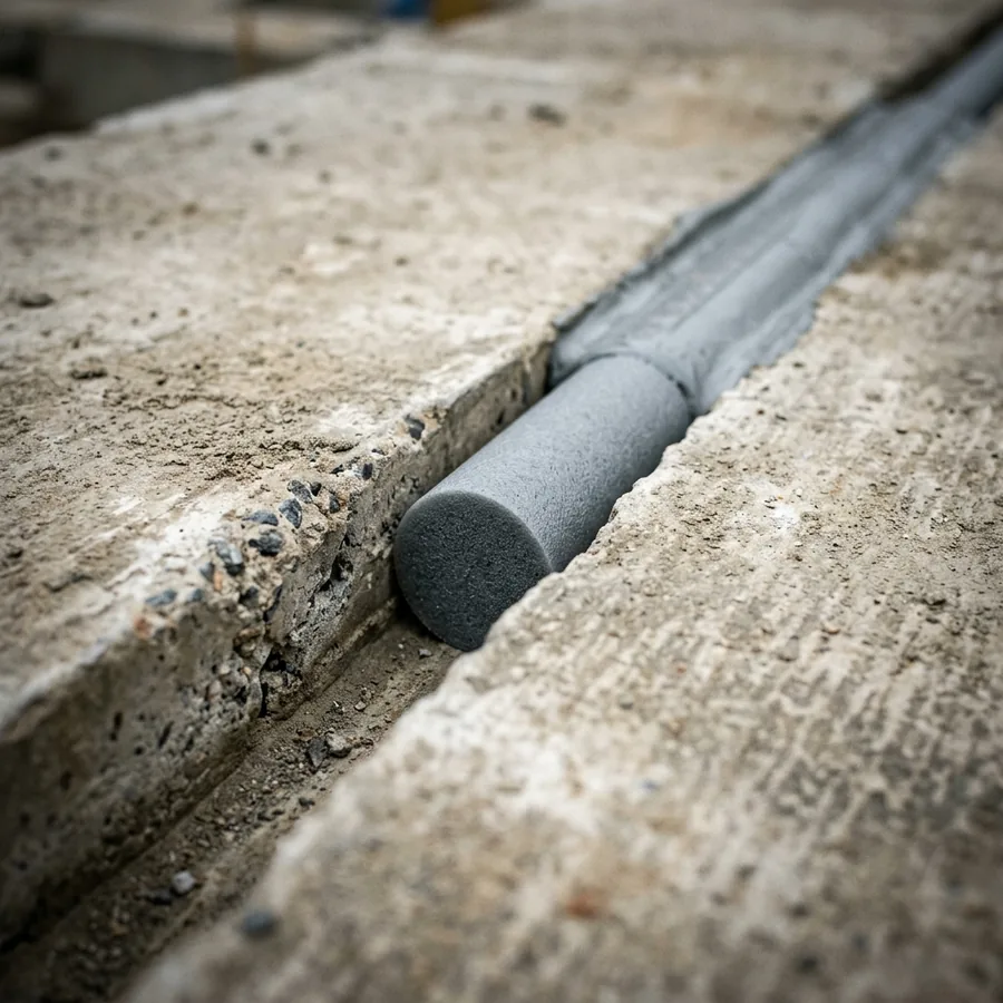 Graue PE-Schaum-Rundschnur in einer Betonfuge, zur Hälfte eingedrückt, Fuge noch ohne Dichtstoff