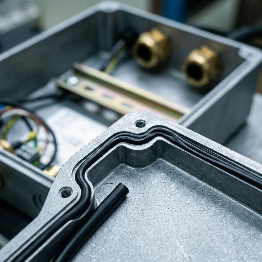 Schwarze Rundschnur als Dichtung in der Nut eines Aluminium-Gehäusedeckels