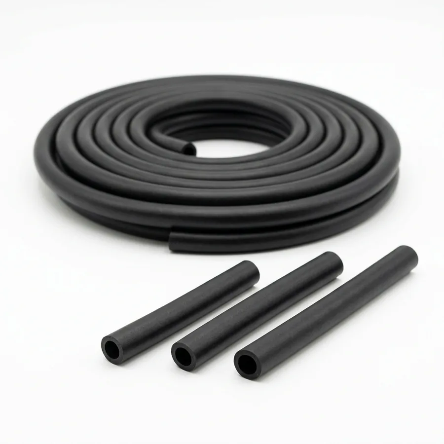 Ring aus schwarzem Weich-PVC-Schlauch neben mehreren kurzen Zuschnitten auf hellem Grund