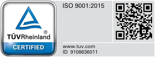 Prüfzeichen von TÜV Rheinland mit dem Vermerk „Certified“, der geprüften Norm ISO 9001:2015, der Zertifikats-Kennung 9108636011 und einem QR-Code, der zum Eintrag im Zertifikatsverzeichnis Certipedia führt